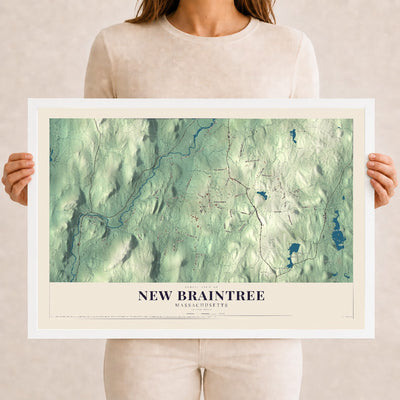 New Braintree, Massachusetts map print - 12 x 18 white Ayous wood frame