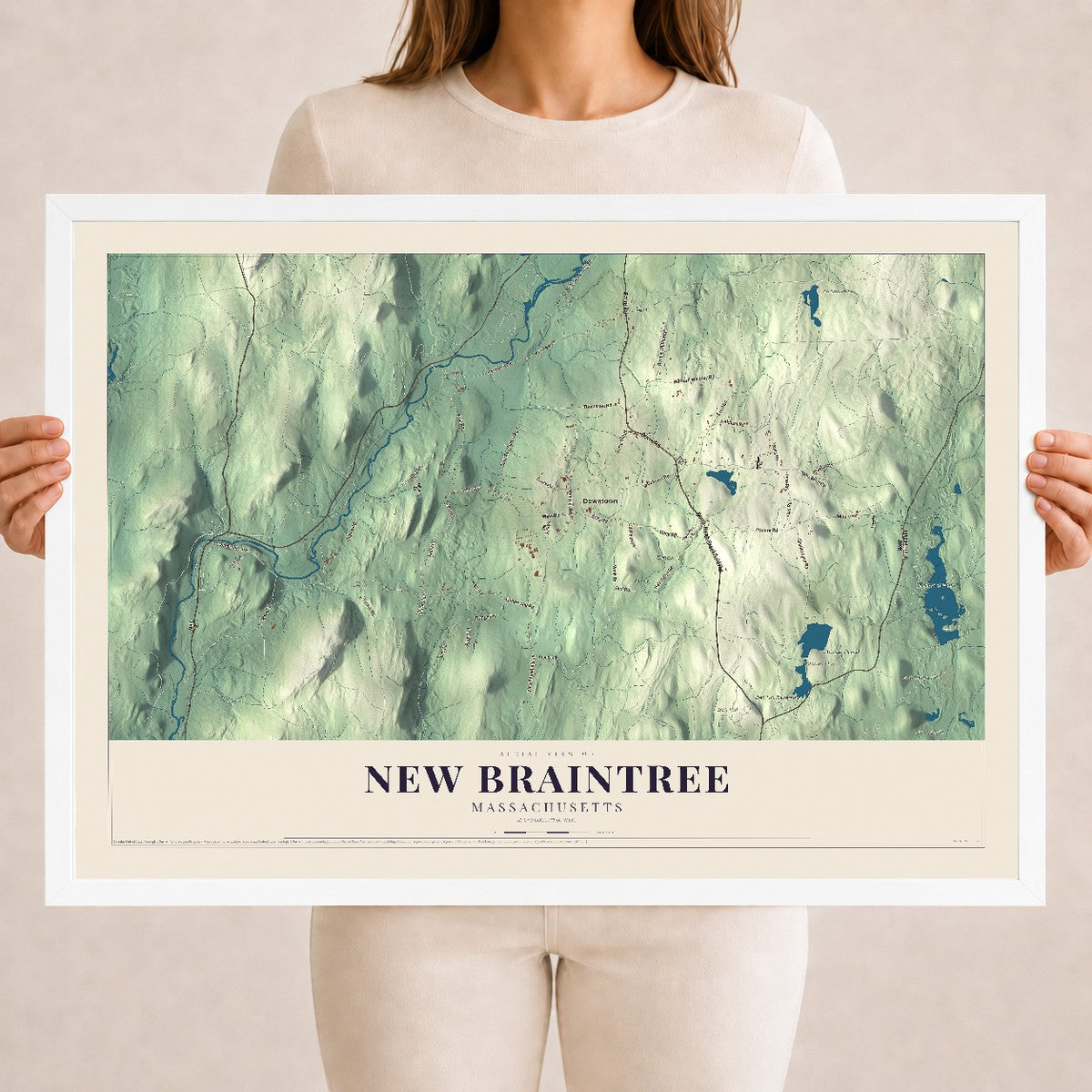 New Braintree, Massachusetts map print - 18 x 24 white Ayous wood frame
