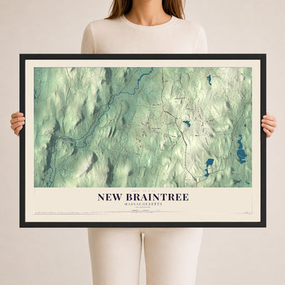 New Braintree, Massachusetts map print - 24 x 36 black Ayous wood frame