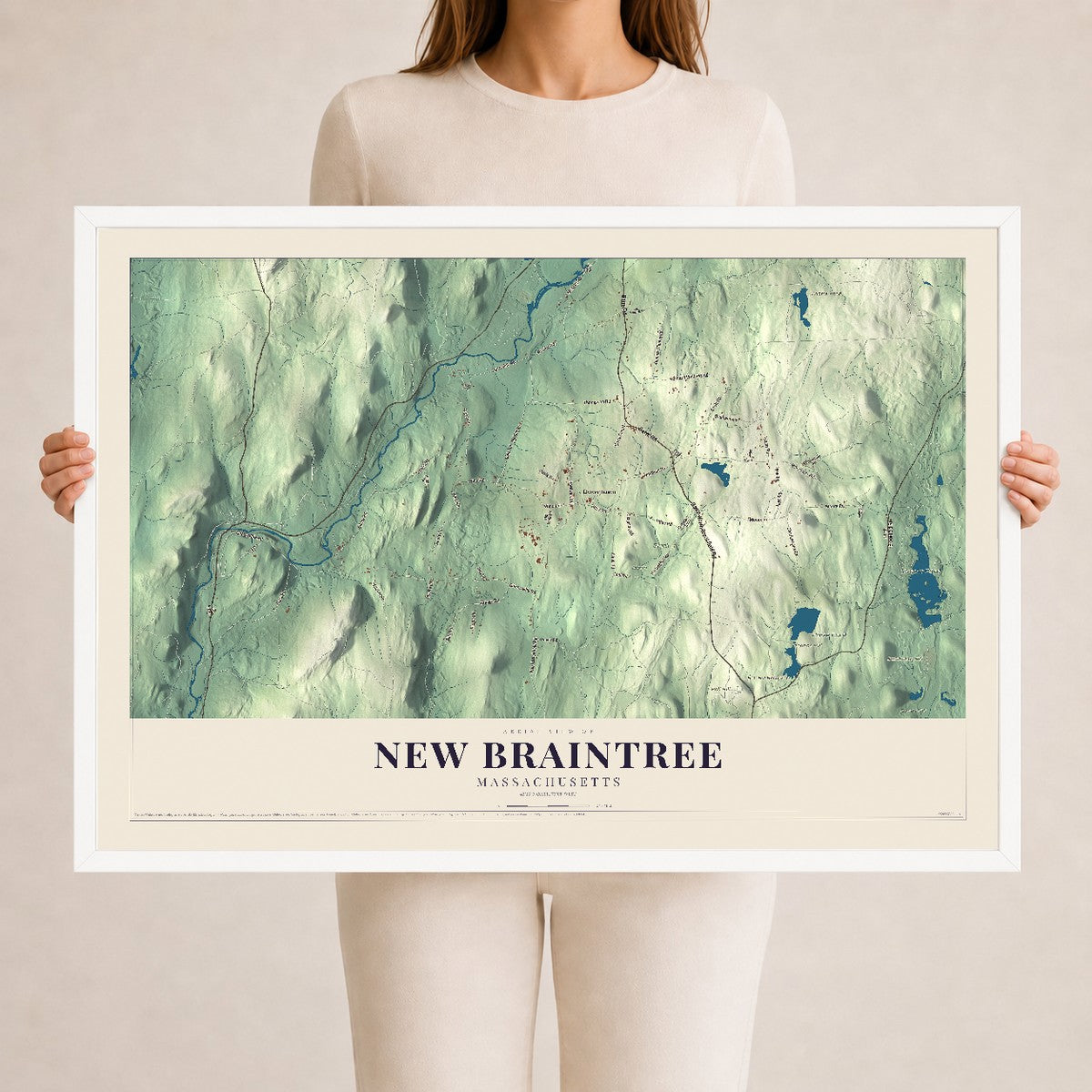 New Braintree, Massachusetts map print - 24 x 36 white Ayous wood frame