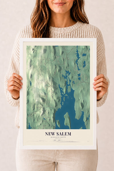 New Salem, Massachusetts map print - 12 x 18 white Ayous wood frame