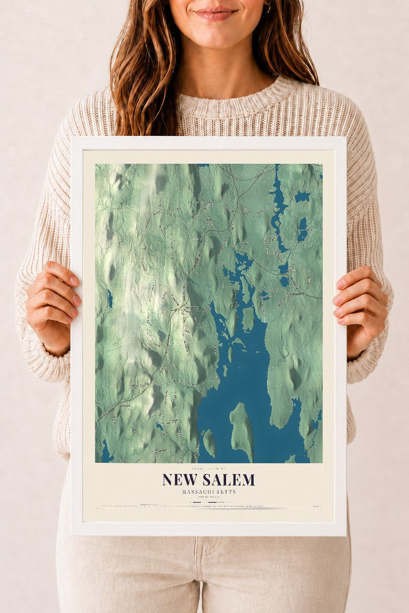 New Salem, Massachusetts map print - 12 x 18 white Ayous wood frame