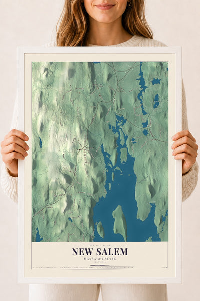 New Salem, Massachusetts map print - 18 x 24 white Ayous wood frame
