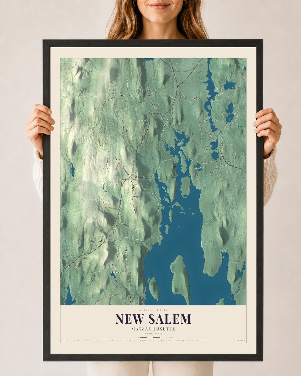 New Salem, Massachusetts map print - 24 x 36 black Ayous wood frame