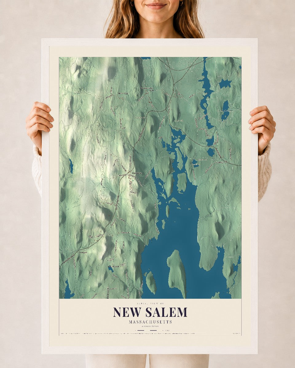 New Salem, Massachusetts map print - 24 x 36 white Ayous wood frame