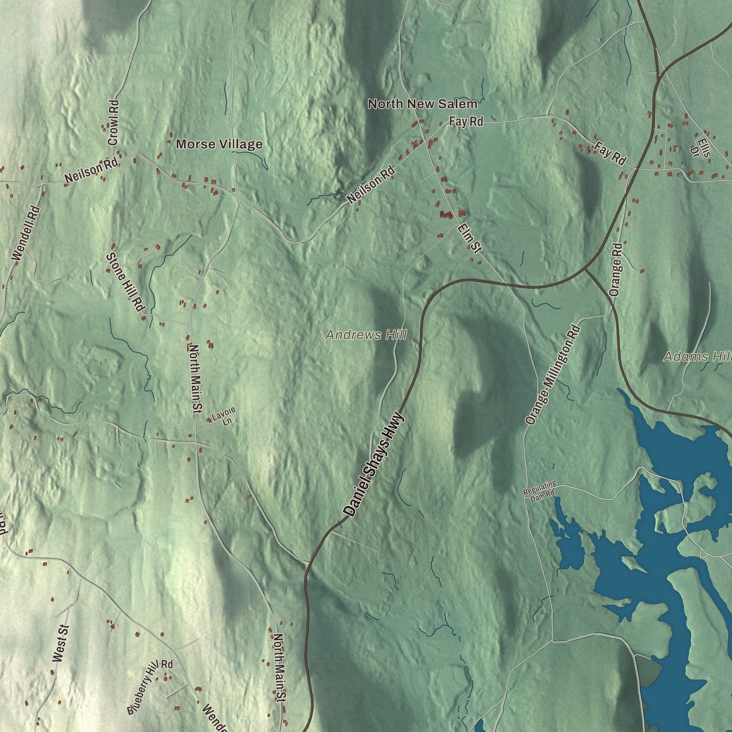 Terrain and local geography detail from the New Salem, Massachusetts map