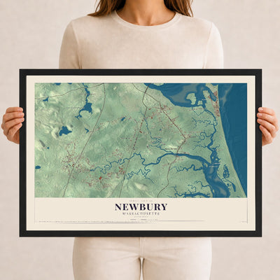 Newbury, Massachusetts map print - 12 x 18 black Ayous wood frame