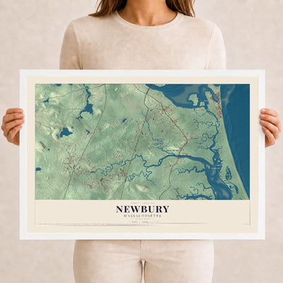 Newbury, Massachusetts map print - 12 x 18 white Ayous wood frame