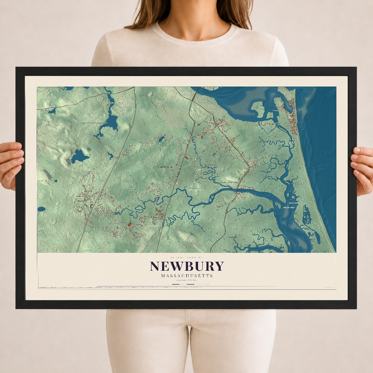 Newbury, Massachusetts map print - 18 x 24 black Ayous wood frame