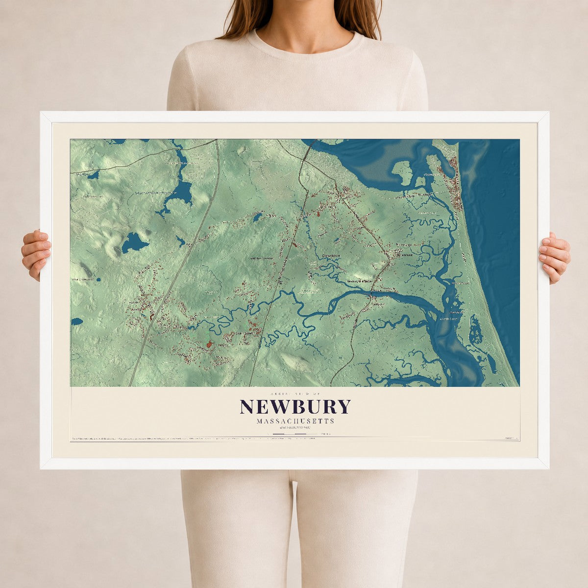 Newbury, Massachusetts map print - 24 x 36 white Ayous wood frame