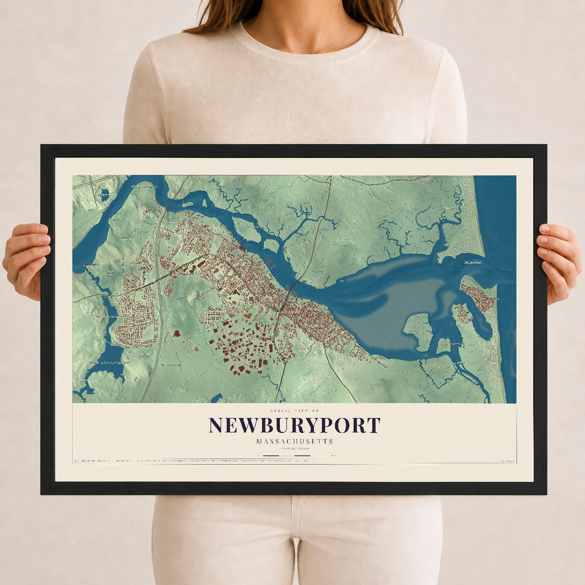 Newburyport, Massachusetts map print - 12 x 18 black Ayous wood frame