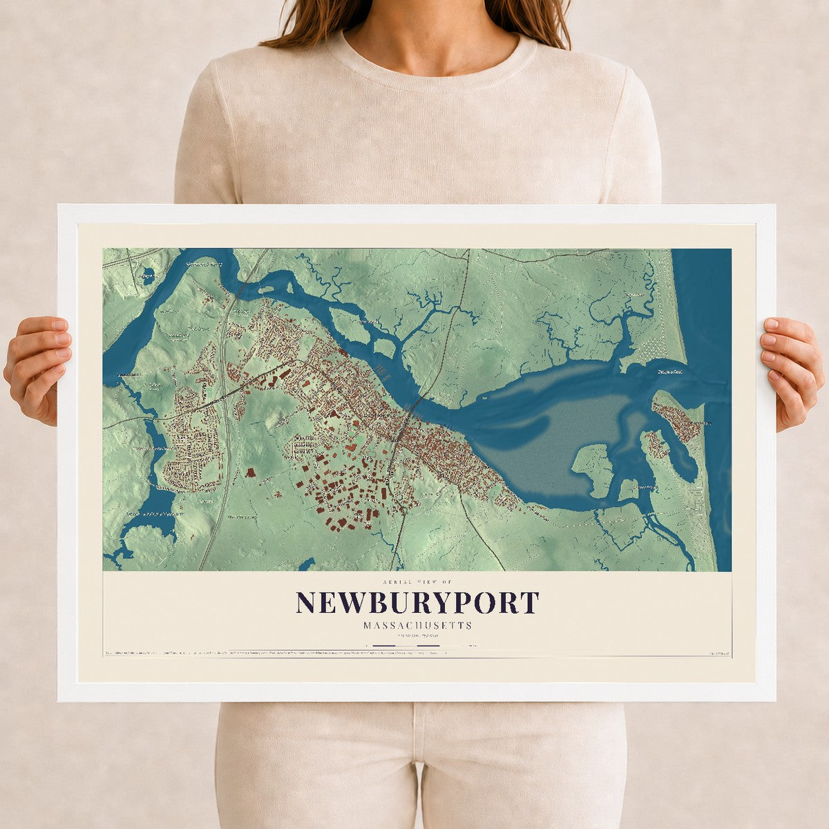Newburyport, Massachusetts map print - 12 x 18 white Ayous wood frame