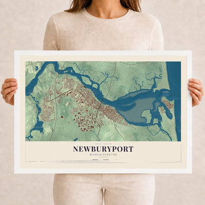 Newburyport, Massachusetts map print - 12 x 18 white Ayous wood frame