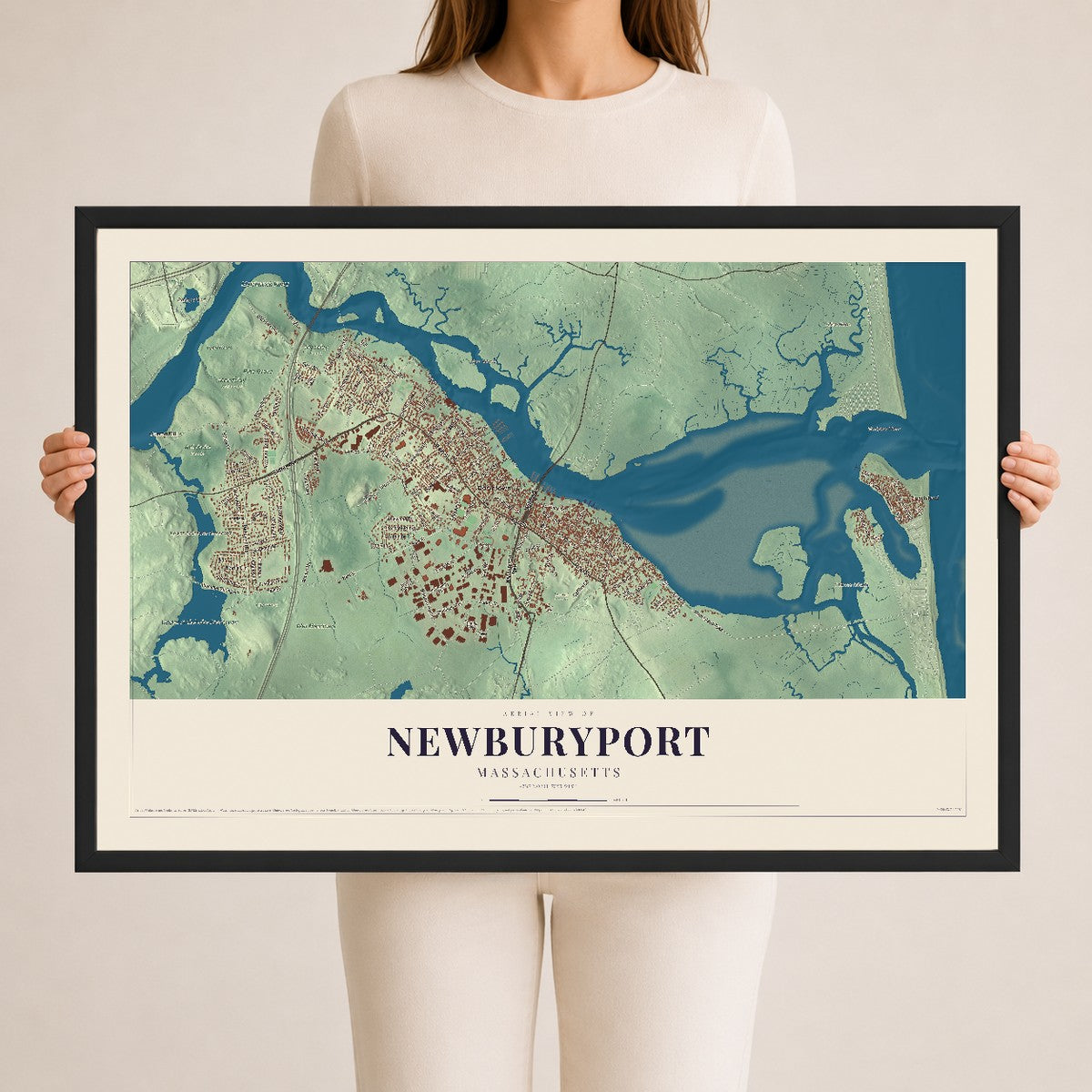Newburyport, Massachusetts map print - 24 x 36 black Ayous wood frame