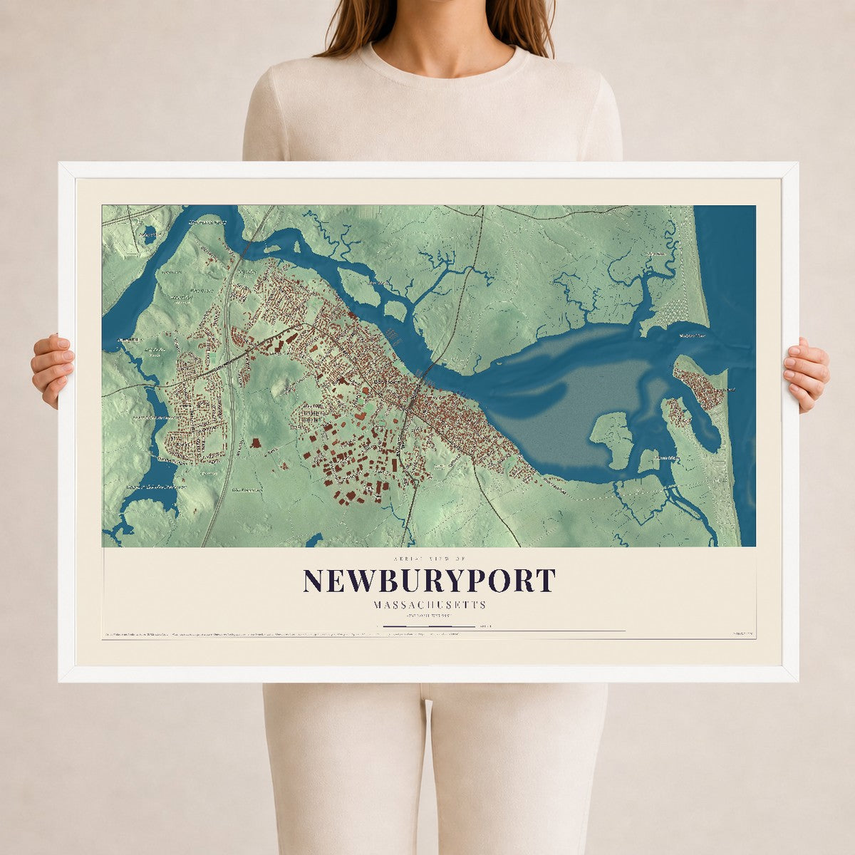 Newburyport, Massachusetts map print - 24 x 36 white Ayous wood frame