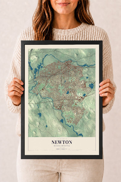 Newton, Massachusetts map print - 12 x 18 black Ayous wood frame