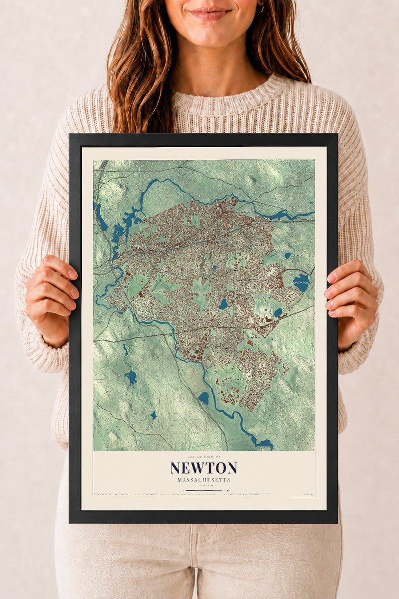 Newton, Massachusetts map print - 12 x 18 black Ayous wood frame