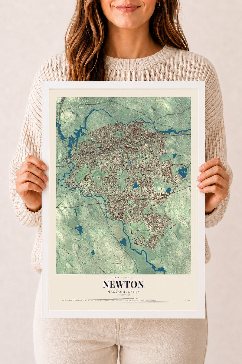 Newton, Massachusetts map print - 12 x 18 white Ayous wood frame
