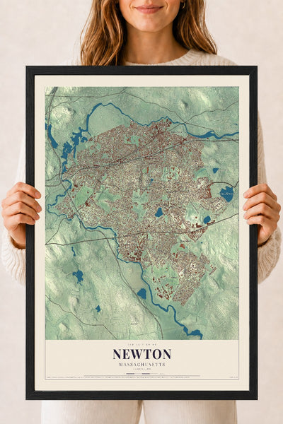 Newton, Massachusetts map print - 18 x 24 black Ayous wood frame