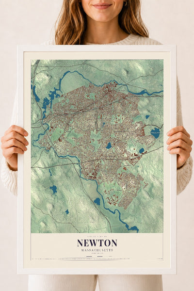 Newton, Massachusetts map print - 18 x 24 white Ayous wood frame