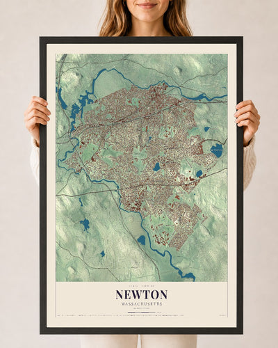 Newton, Massachusetts map print - 24 x 36 black Ayous wood frame
