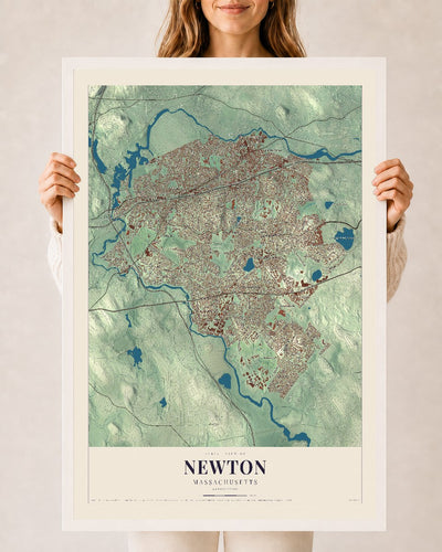Newton, Massachusetts map print - 24 x 36 white Ayous wood frame