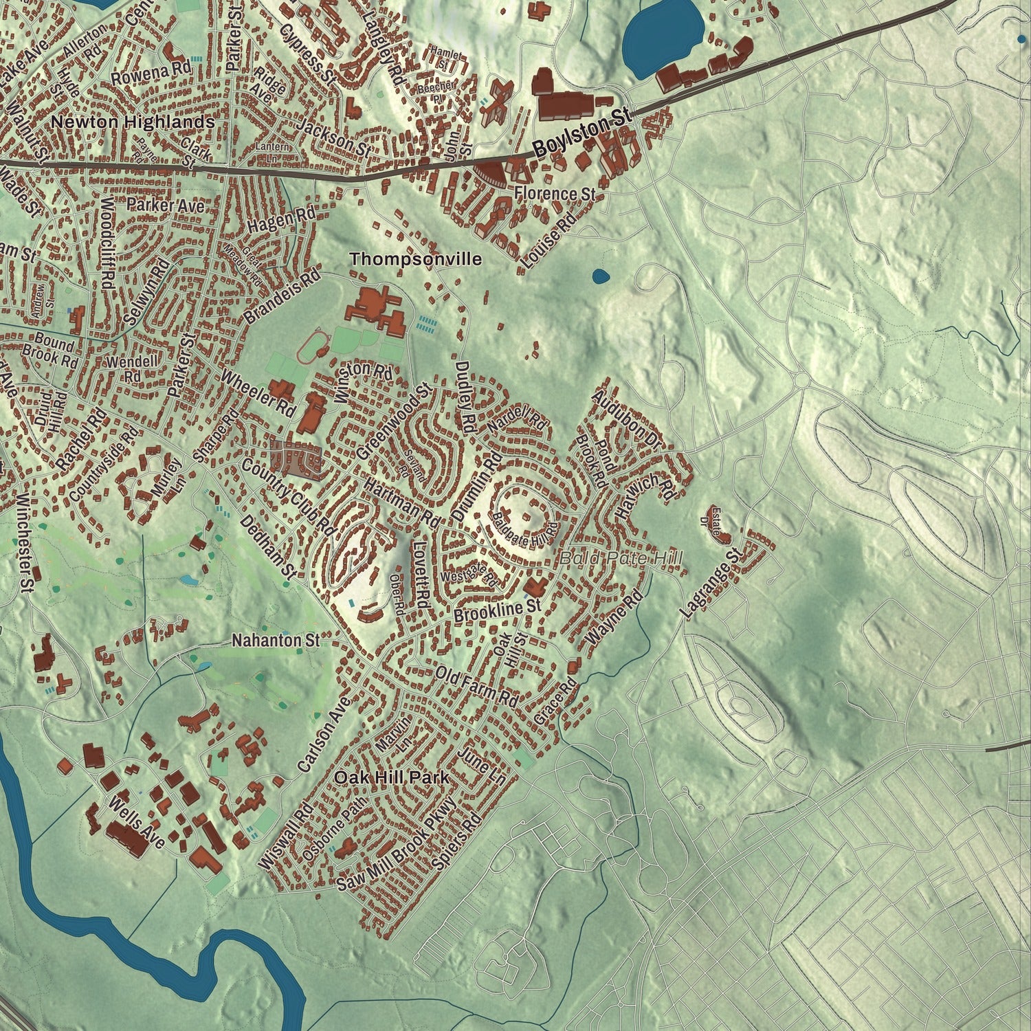 Terrain and local geography detail from the Newton, Massachusetts map