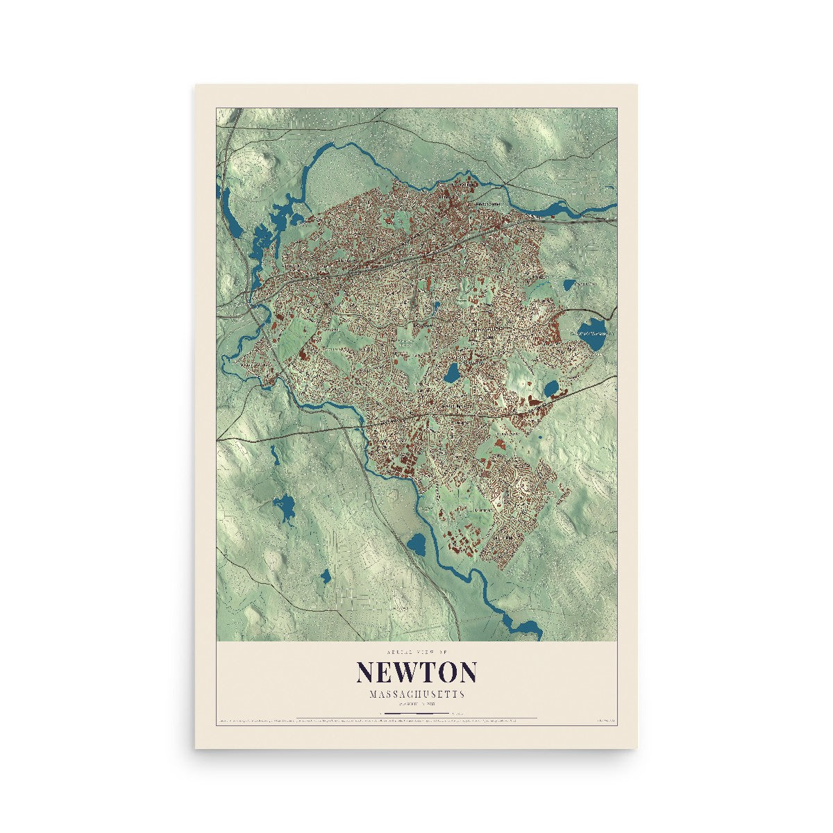 Map of Newton, Massachusetts, 12 x 18 inch unframed archival matte print
