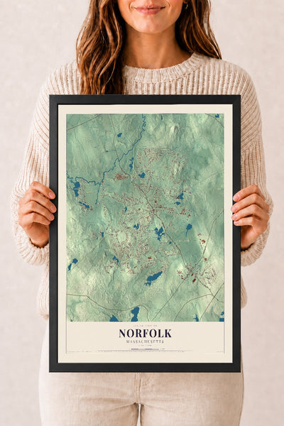 Norfolk, Massachusetts map print - 12 x 18 black Ayous wood frame