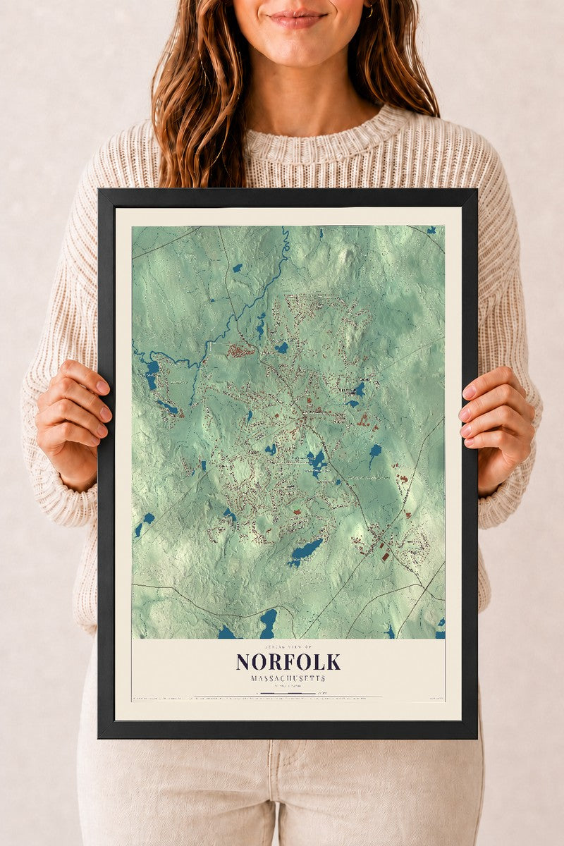 Norfolk, Massachusetts map print - 12 x 18 black Ayous wood frame