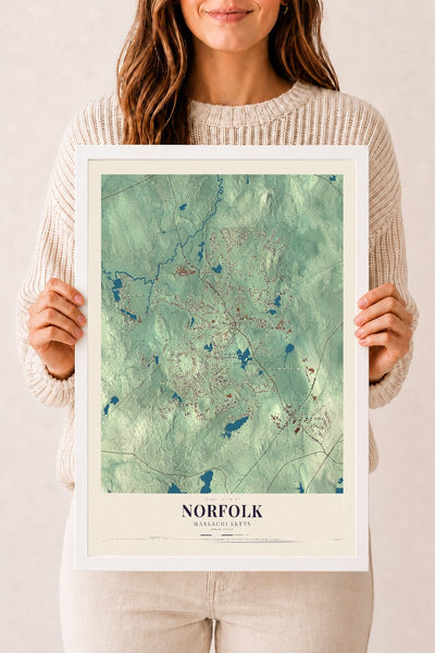 Norfolk, Massachusetts map print - 12 x 18 white Ayous wood frame