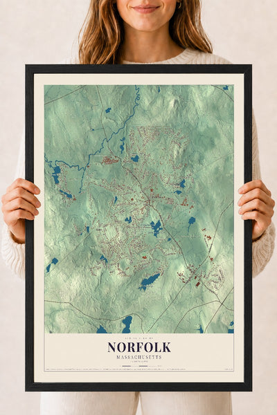 Norfolk, Massachusetts map print - 18 x 24 black Ayous wood frame