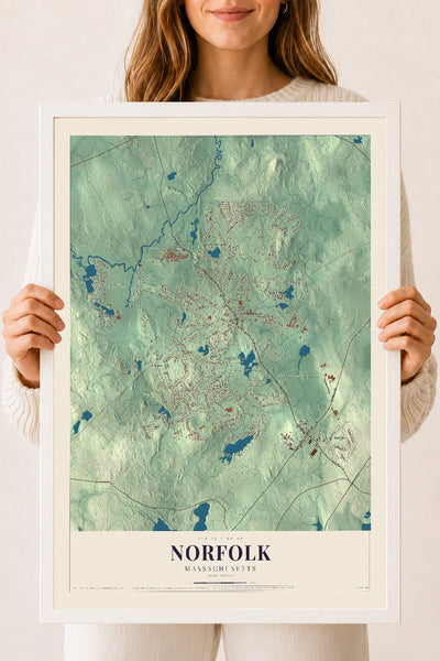 Norfolk, Massachusetts map print - 18 x 24 white Ayous wood frame
