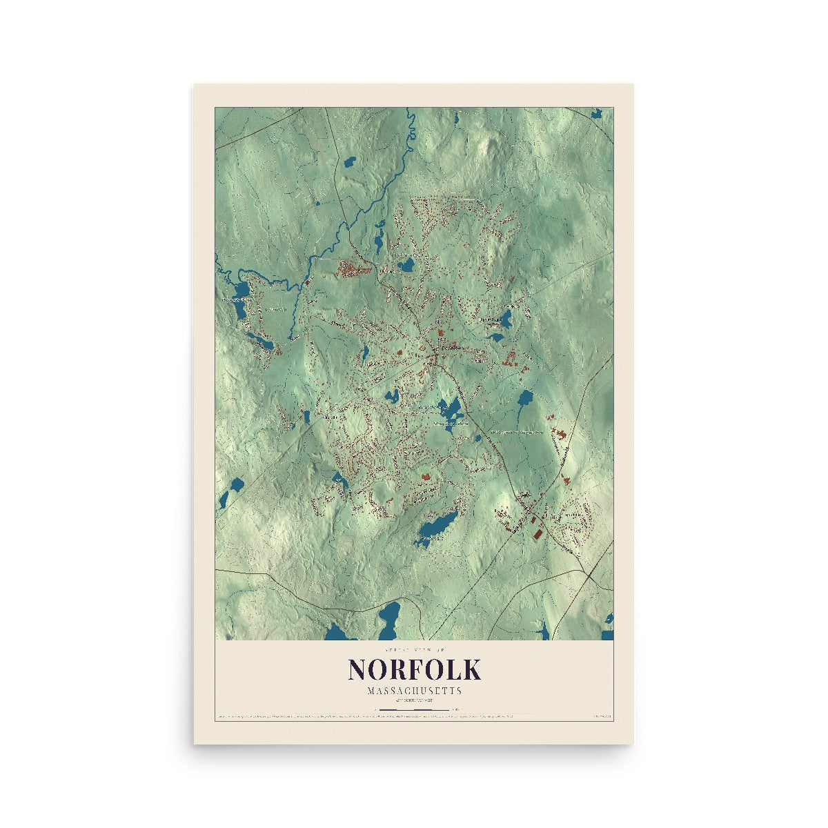 Map of Norfolk, Massachusetts, 12 x 18 inch unframed archival matte print