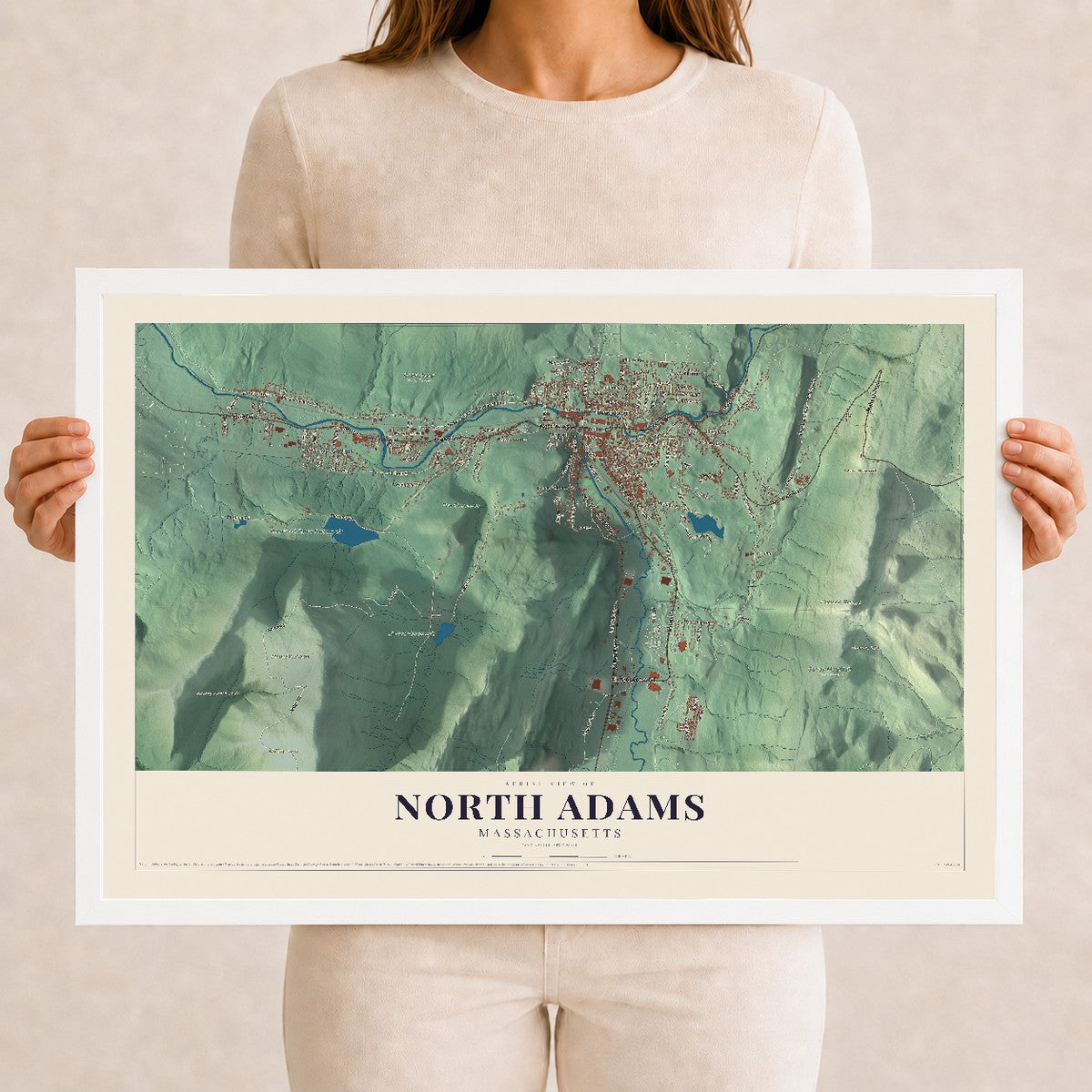 North Adams, Massachusetts map print - 12 x 18 white Ayous wood frame