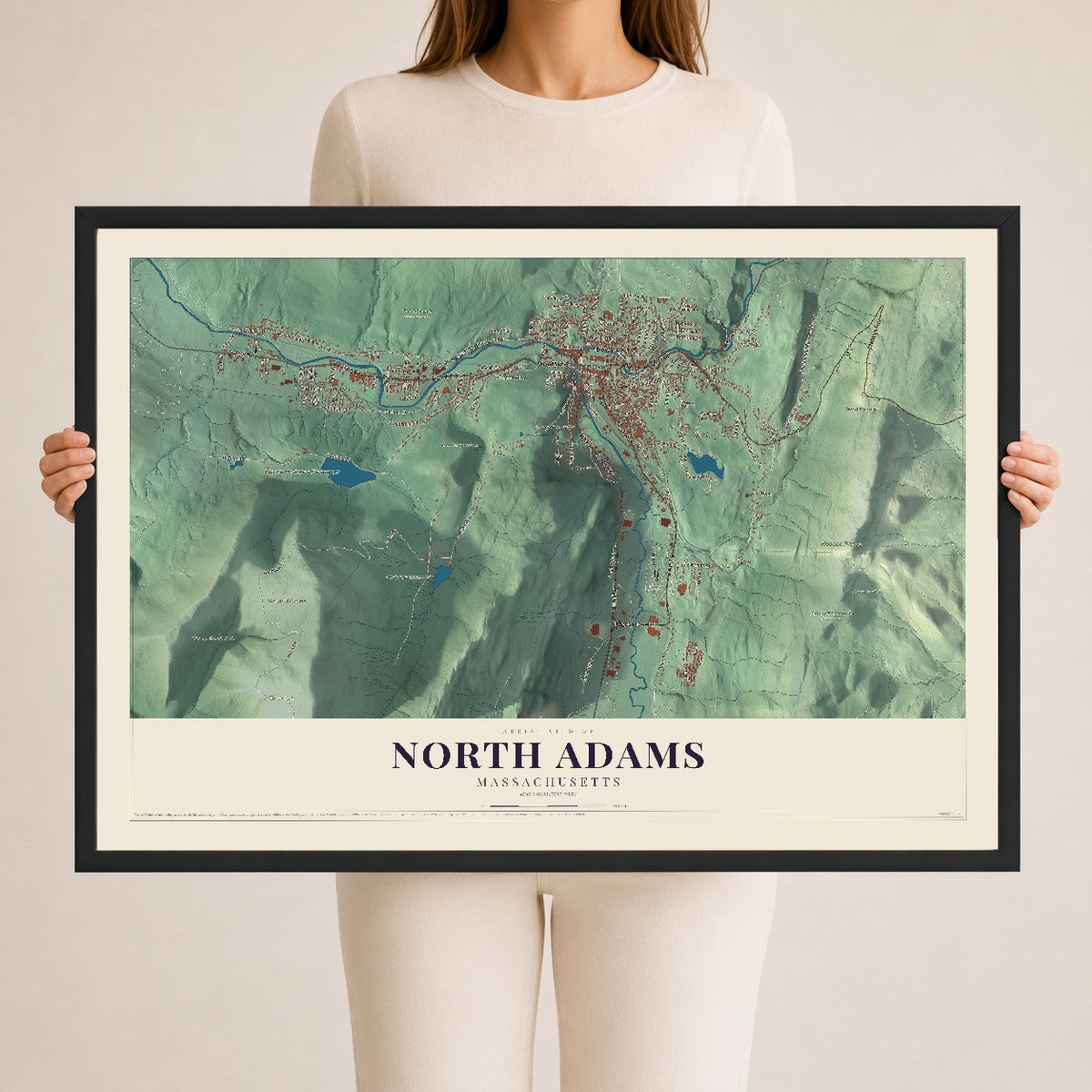 North Adams, Massachusetts map print - 24 x 36 black Ayous wood frame