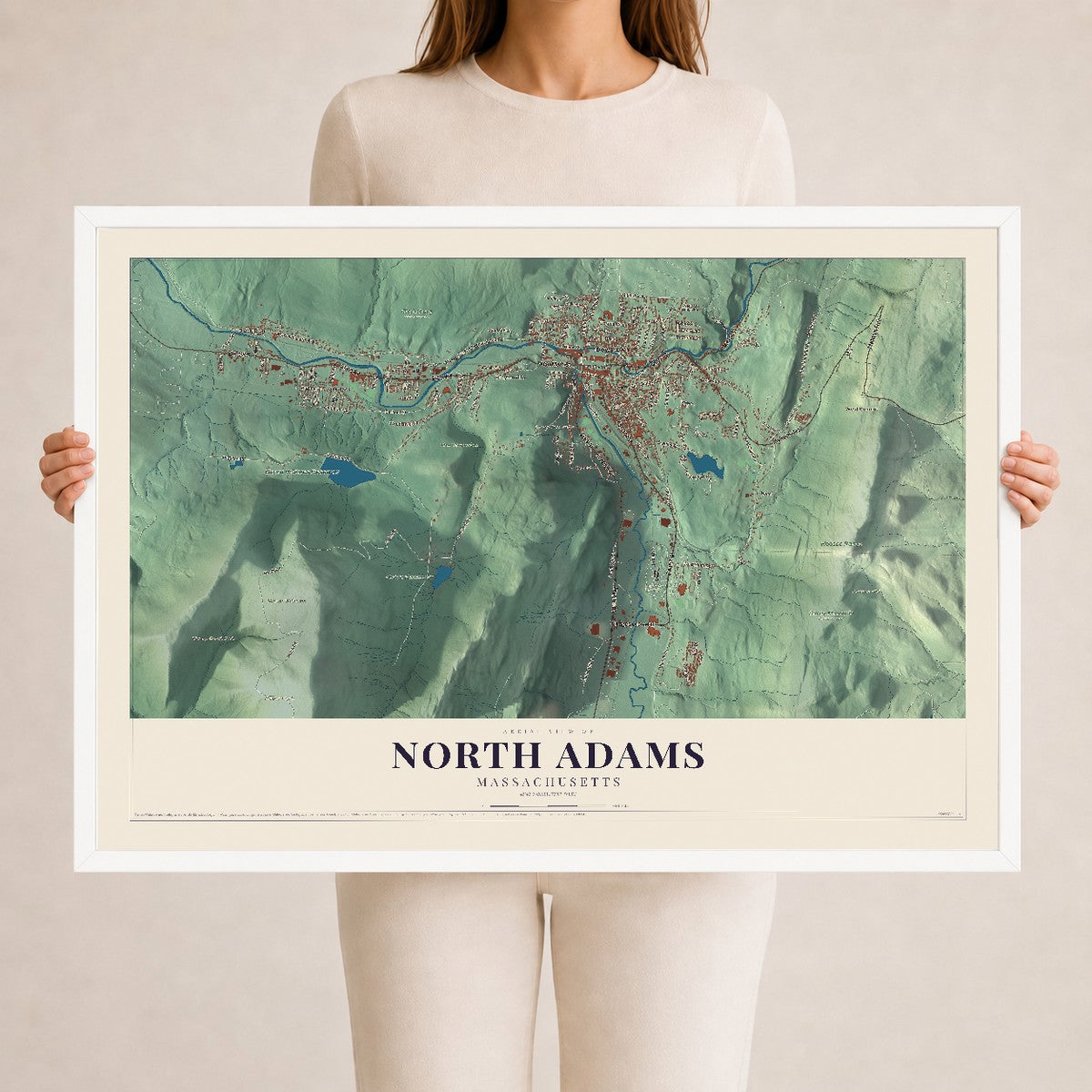 North Adams, Massachusetts map print - 24 x 36 white Ayous wood frame