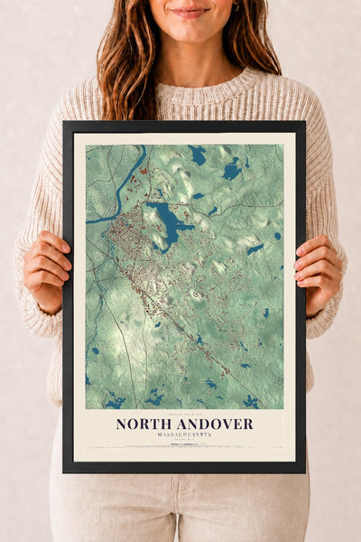 North Andover, Massachusetts map print - 12 x 18 black Ayous wood frame