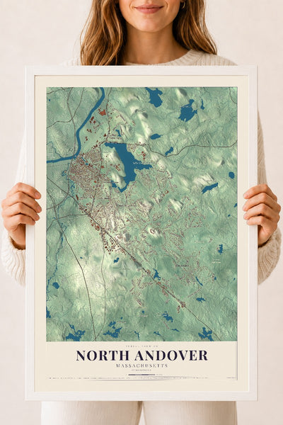 North Andover, Massachusetts map print - 18 x 24 white Ayous wood frame