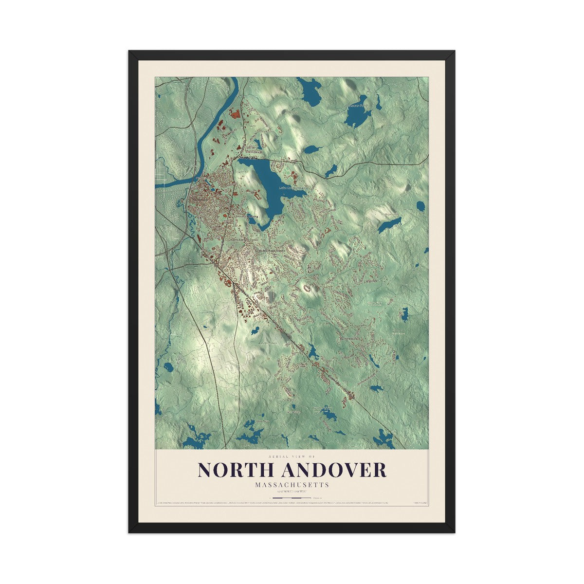 Map of North Andover, Massachusetts, 12 x 18 inch print in a black wood frame