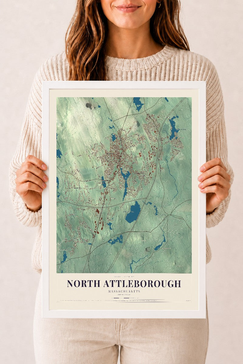North Attleborough, Massachusetts map print - 12 x 18 white Ayous wood frame