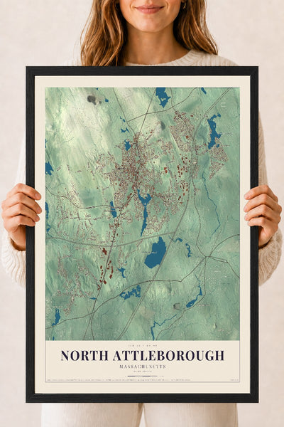 North Attleborough, Massachusetts map print - 18 x 24 black Ayous wood frame