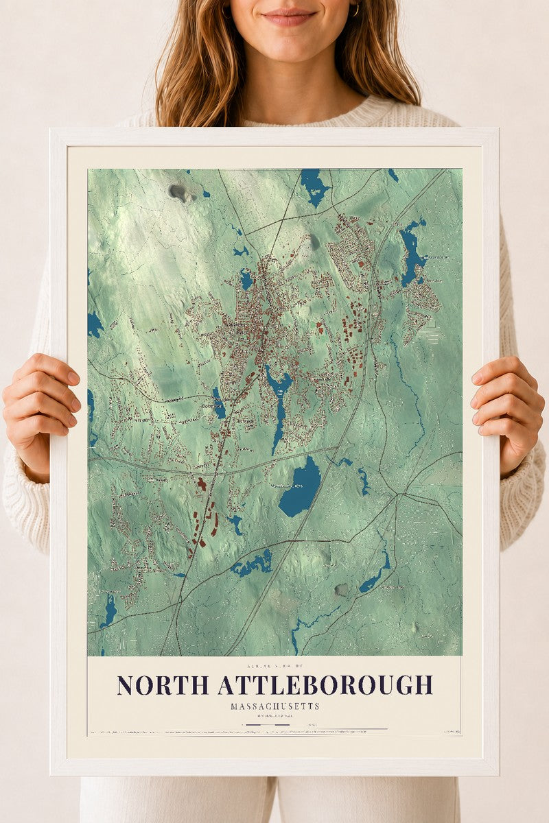 North Attleborough, Massachusetts map print - 18 x 24 white Ayous wood frame