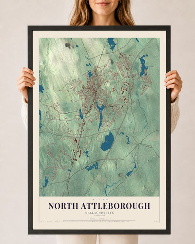 North Attleborough, Massachusetts map print - 24 x 36 black Ayous wood frame