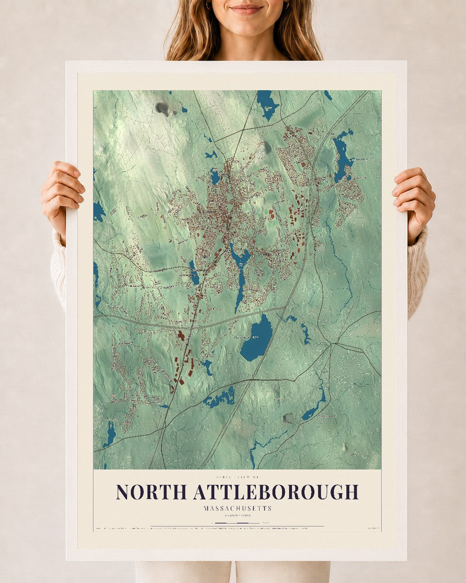 North Attleborough, Massachusetts map print - 24 x 36 white Ayous wood frame