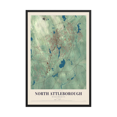 Map of North Attleborough, Massachusetts, 12 x 18 inch print in a black wood frame