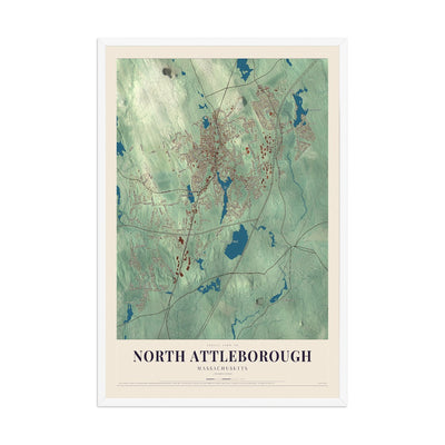 Map of North Attleborough, Massachusetts, 12 x 18 inch print in a white wood frame