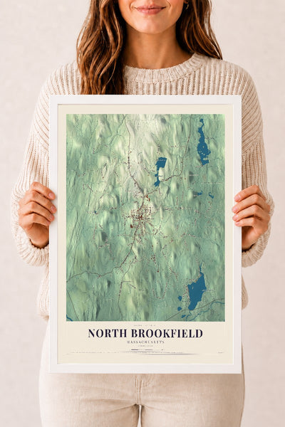 North Brookfield, Massachusetts map print - 12 x 18 white Ayous wood frame