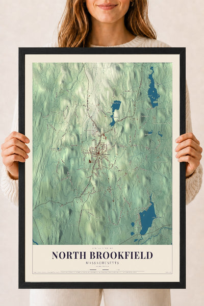 North Brookfield, Massachusetts map print - 18 x 24 black Ayous wood frame
