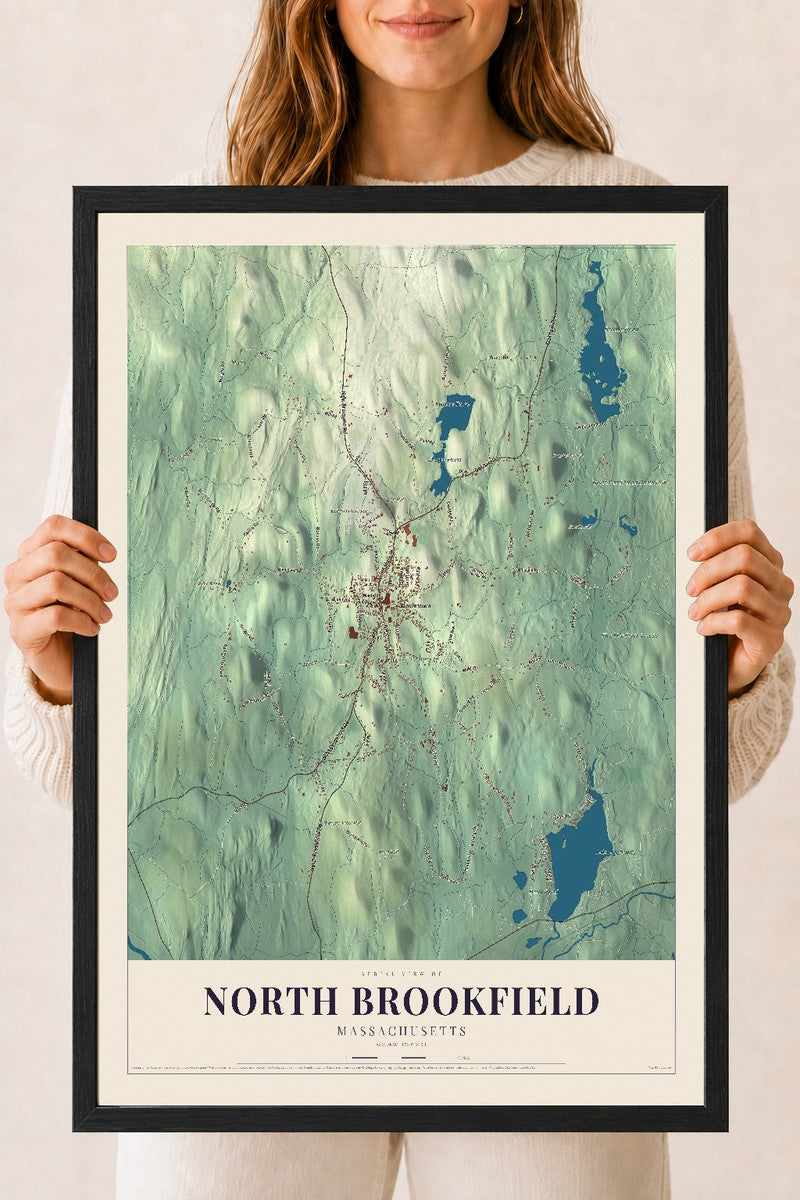North Brookfield, Massachusetts map print - 18 x 24 black Ayous wood frame